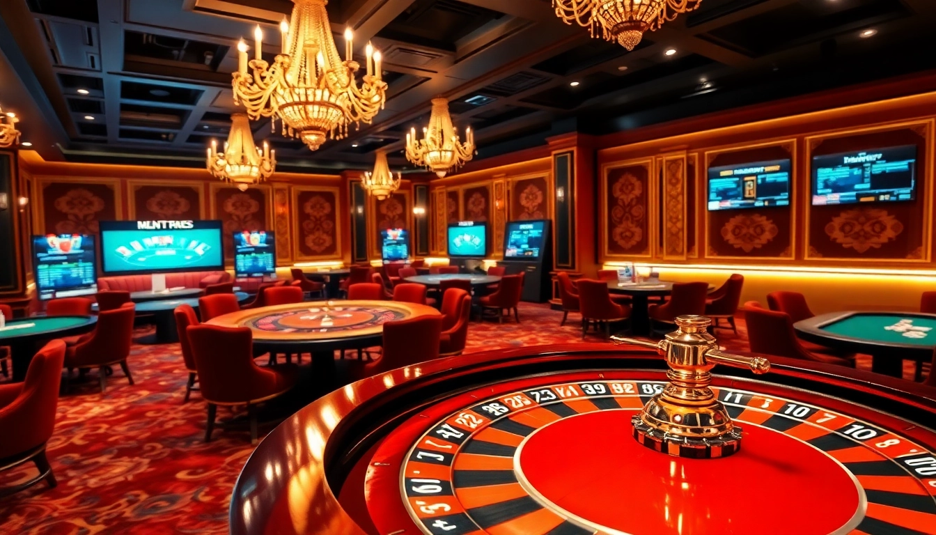 Experience the thrill of Nhà cái VUABAI9 with glamorous casino tables and a vibrant roulette wheel spinning in action.