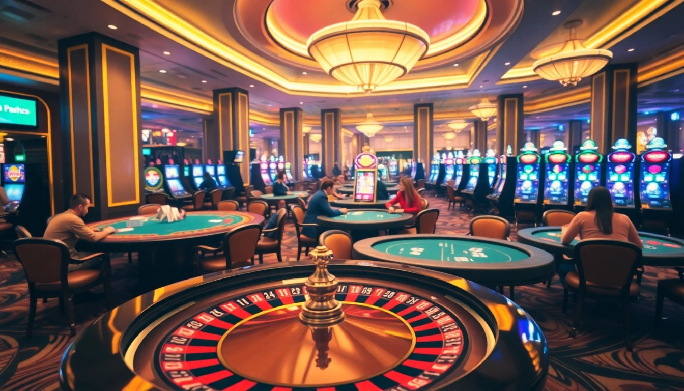 Experience the excitement of gambling at https://ketowqeg.uk.com/: a vibrant casino scene with players engaging at poker tables and a roulette wheel.