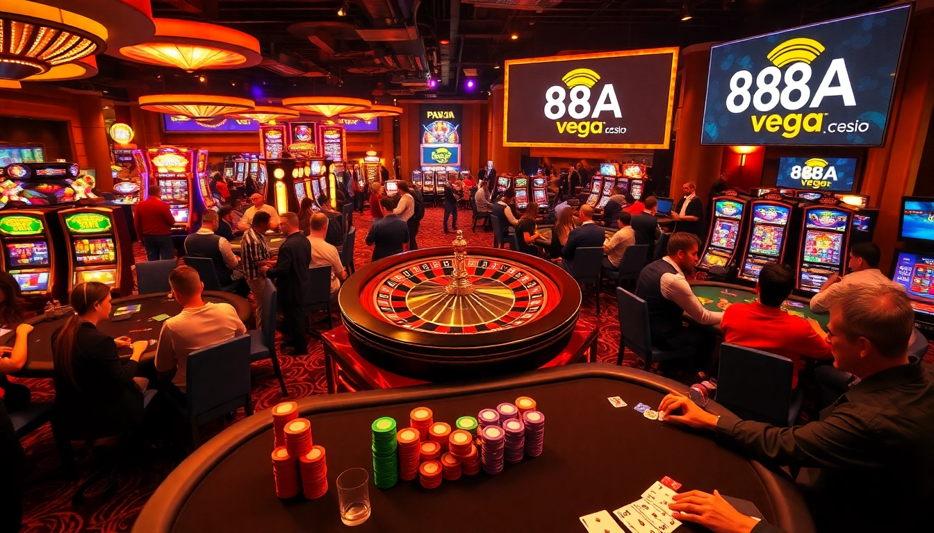 88AA VEGA captures the excitement of players at a bustling casino with roulette and poker games.