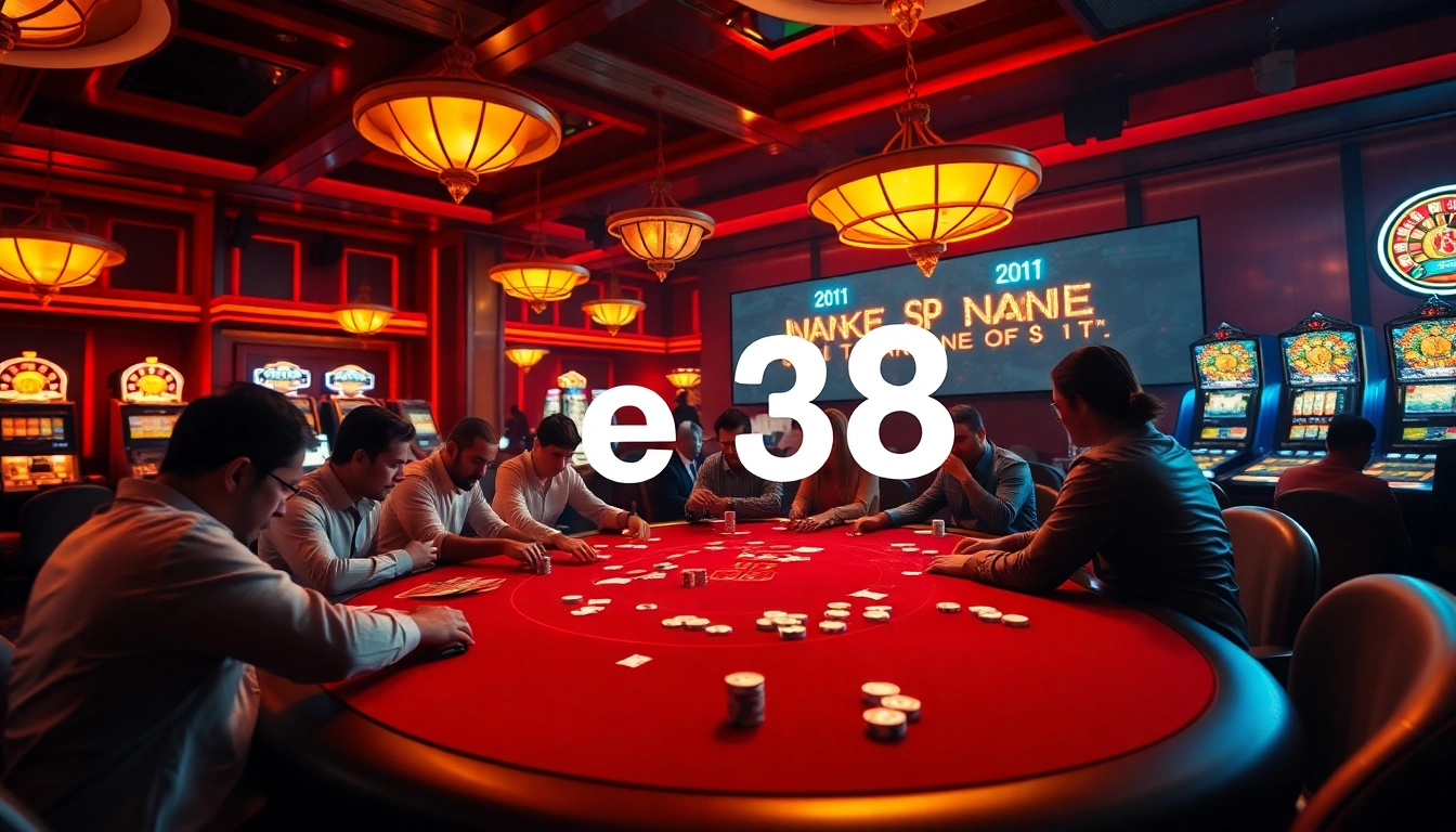 Players engage in an exciting poker game at a casino table featuring the keyword e28, surrounded by vibrant slot machines and roulette wheels.