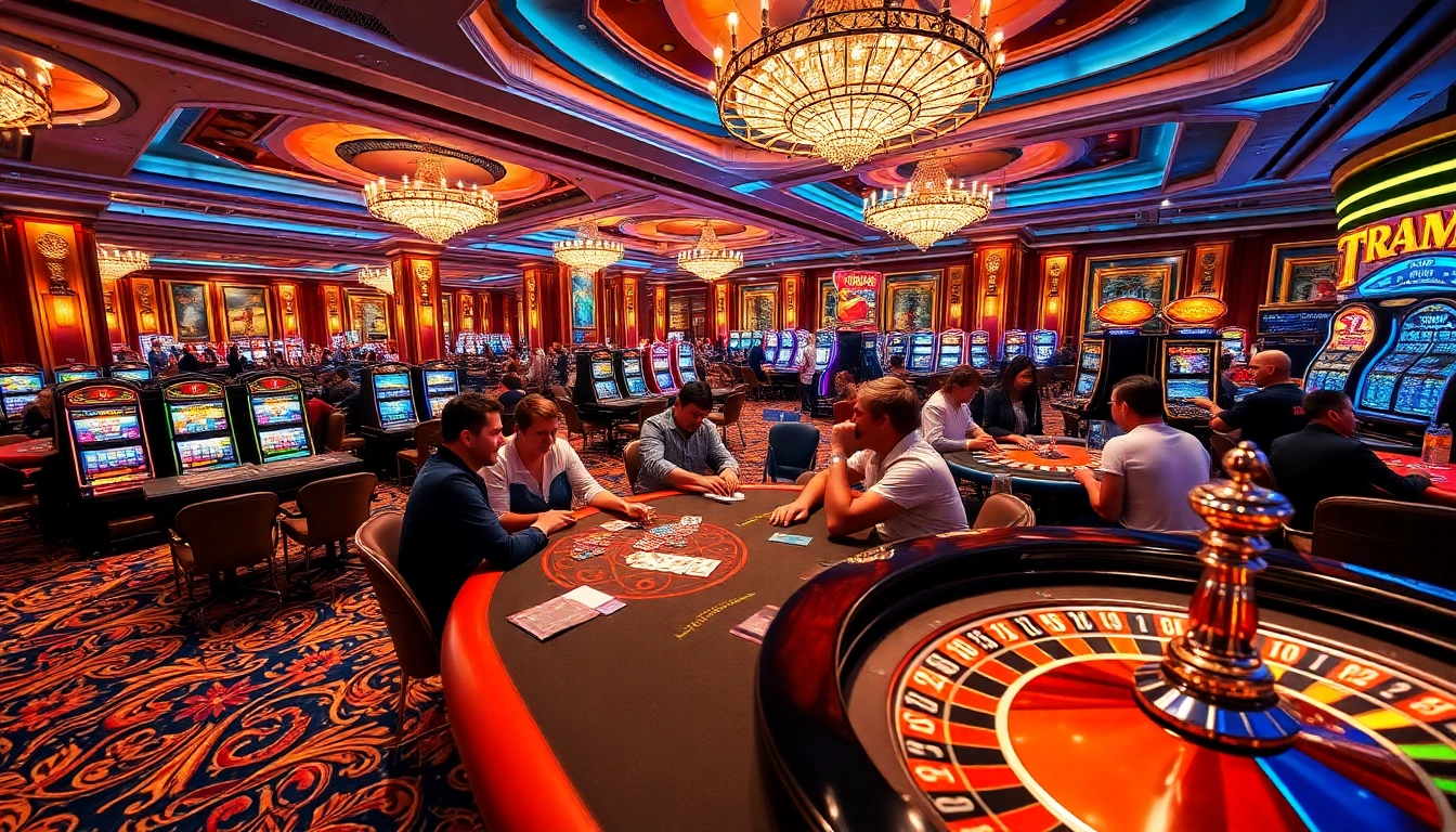 Vibrant casino scene showcasing players at 789f com engaging in poker and roulette with excitement.